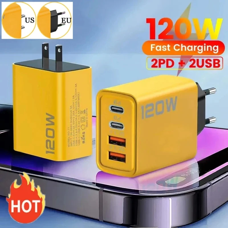 120W fast charger type-C Quick Charge 3.0 USB charger adapter for Samsung iPhone Xiaomi 2PD 4 ports fast charging EU/US plug