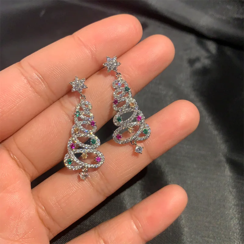 Sparkling Zircon Christmas Tree Stud Earrings for Women Fashion Rhinestone Long Tassel Ear Hook Xmas Wedding Party Jewelry Gift