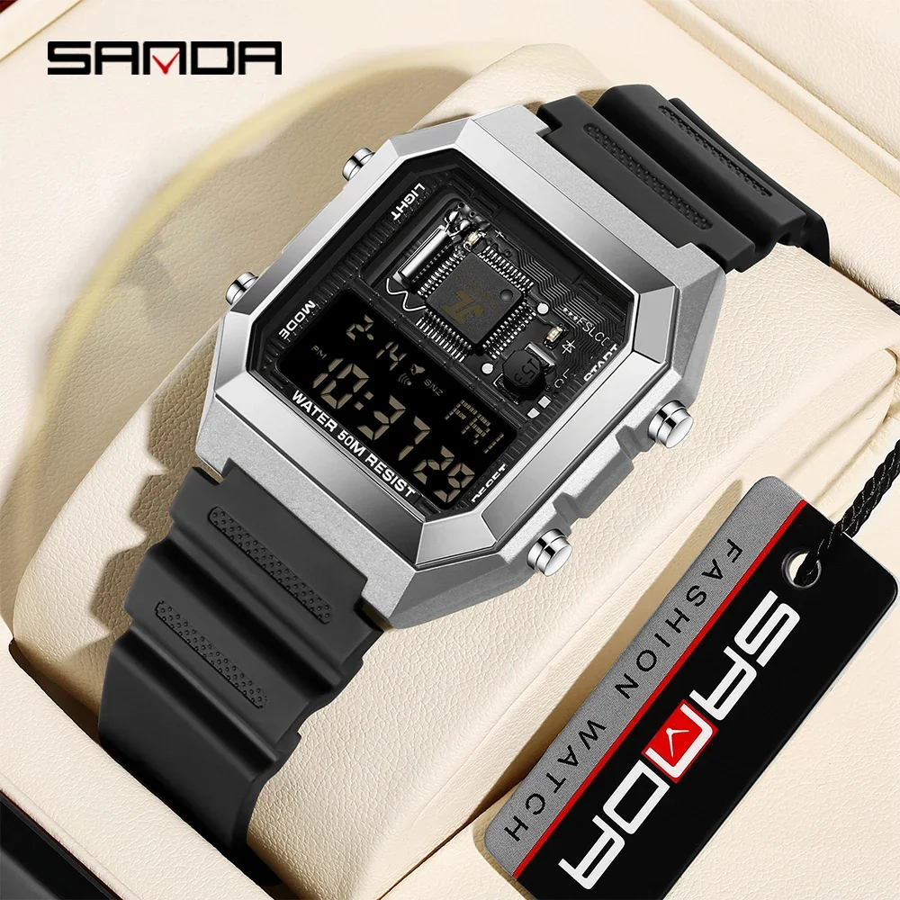 SANDA 6216 Men's Electronic Watch Luminous Multifunction Calendar Waterproof Shockproof Sports Cool Digital Watches for Men