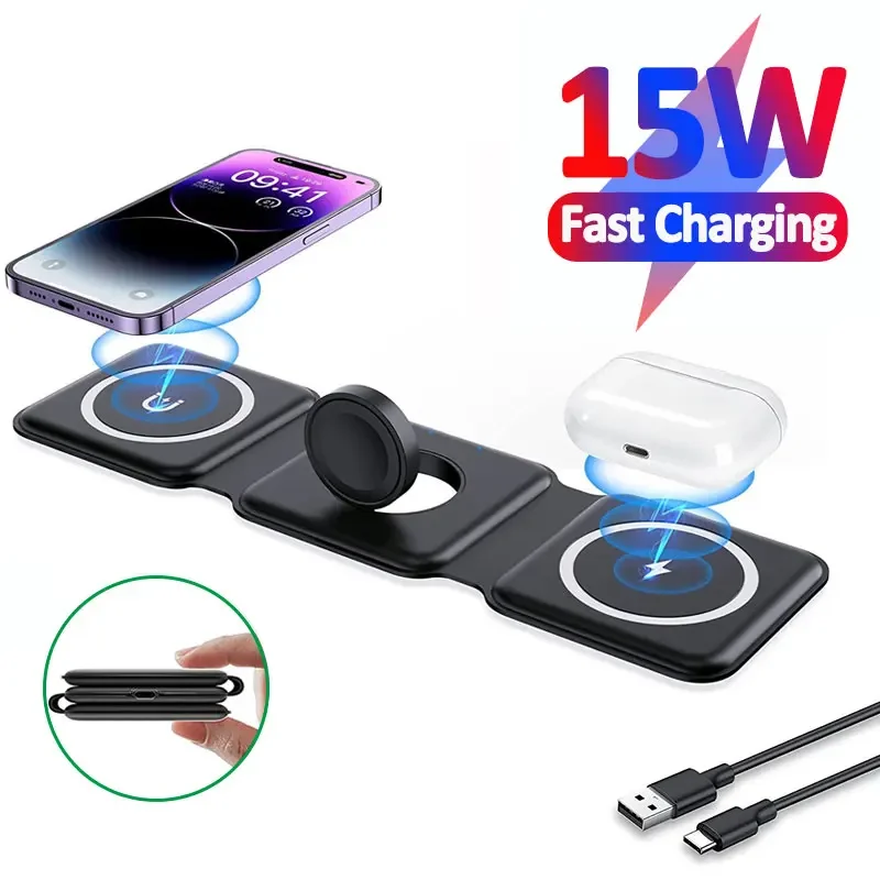 15W 3 in 1  Wireless Charger Stand Foldable for iPhone 14 13 12 Pro Max Airpods iWatch 8 7  Fast Charging Dock Station