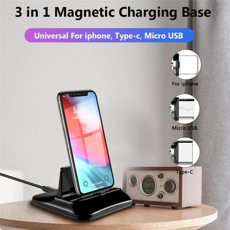 MobilePhone Magnetic Docking Station 3 in 1 For Micro Type-C Ios Fast Charging Holder For iPhone Xiaomi Huawei Data Transmission