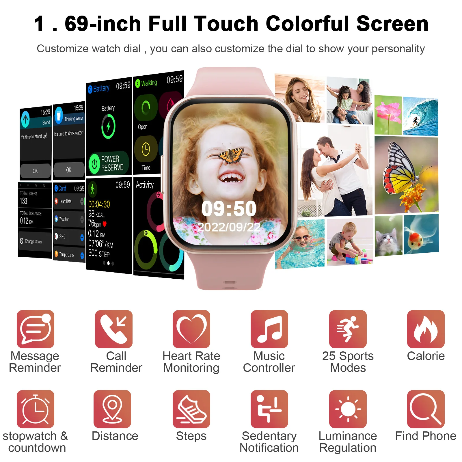 Smart Watch, Fitness Tracker Watch for Men Women, 1.69'' Touch Smartwatch Fitness Watch with Pedometer/Sleep Monitor.